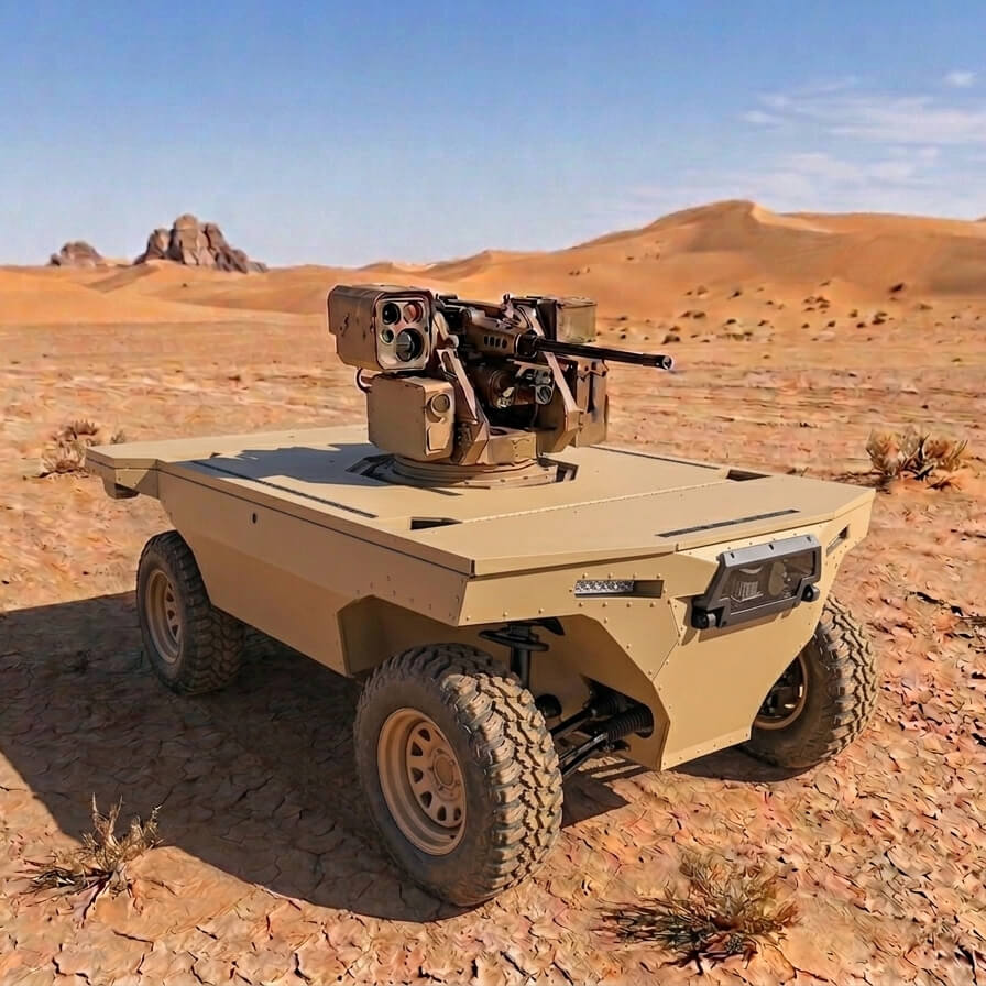 starkad_situation_armement starkad, drone terrestre modulaire téléopérable dans le désert, MODULAR TELE-OPERATABLE GROUND DRONE, systèmes armés de tourelleau téléopéré