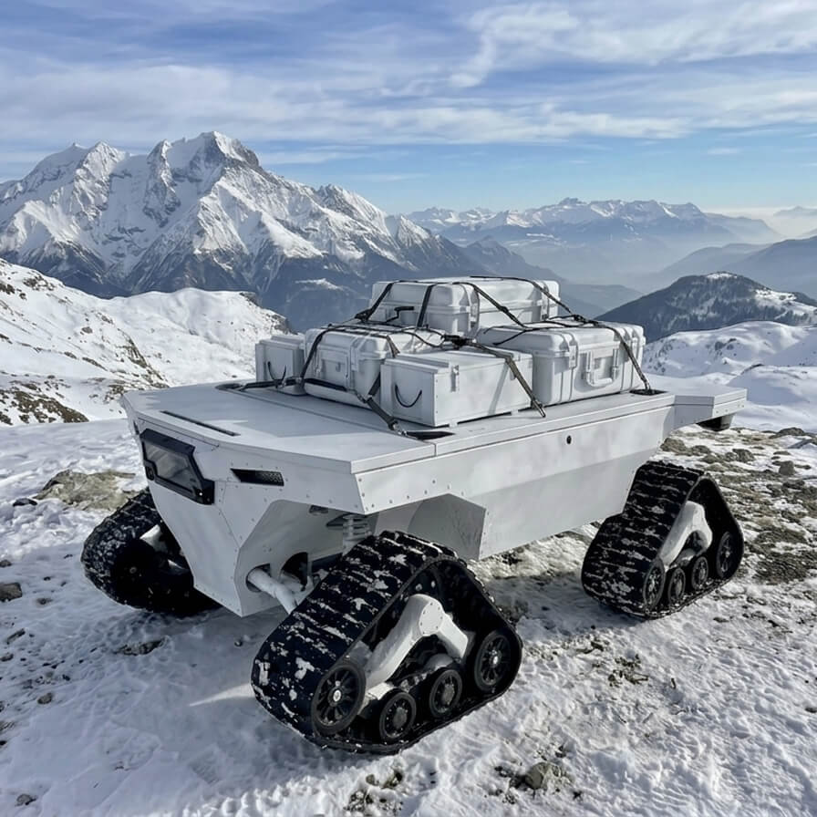 starkad_situation_neige starkad, drone terrestre modulaire téléopérable dans la neige, MODULAR TELE-OPERATABLE GROUND DRONE, transport d'équipements militaires et de drones aériens